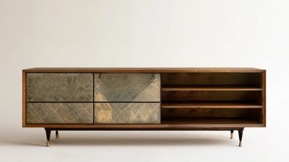 Kredens z litego drewna mango brązowo-orzechowy z szarymi frontami, 4 szufladami i 3 półkami, 180 x 40 x 70 cm