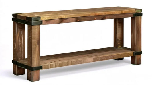 Konsola z litego drewna mango i czarnej stali, brązowa, 110 x 35 x 75 cm