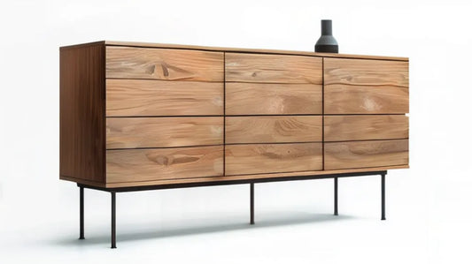 Kredens z 9 szufladami z litego drewna dębowego, naturalny dąb/czarny, 180 × 45 × 90 cm