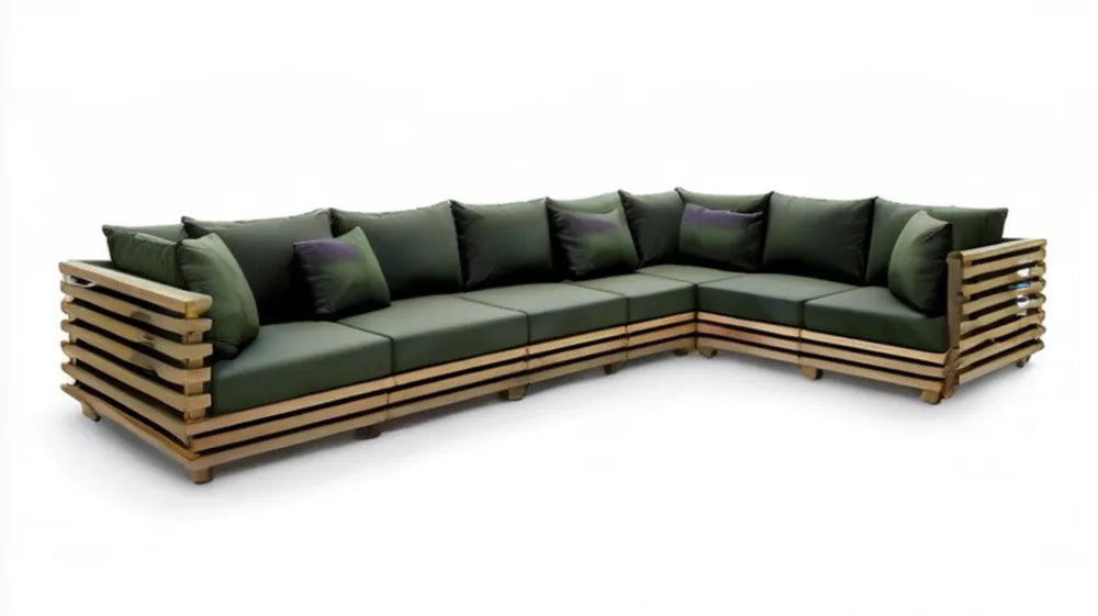 5-osobowa narożna sofa ogrodowa z litego drewna akacjowego, ciemnozielona/naturalny brąz, 300 x 240 x 75 cm
