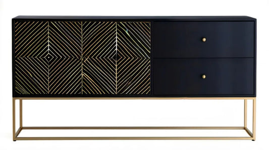 Czarny kredens MDF ze złotym geometrycznym wzorem i stalowym stelażem 160 x 40 x 90 cm