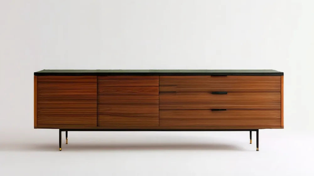 Kredens z fornirem orzechowym i czarnym szklanym blatem 180 x 45 x 75 cm