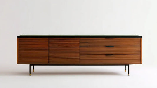 Kredens z fornirem orzechowym i czarnym szklanym blatem 180 x 45 x 75 cm
