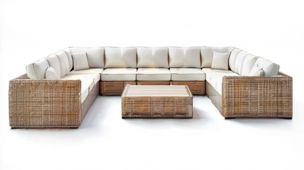 Beżowo-kremowy modułowy zestaw wypoczynkowy z technorattanu w kształcie U 300 x 220 cm ze stolikiem