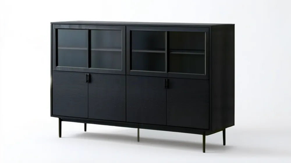Czarny kredens MDF ze szkłem hartowanym 160 x 40 x 120 cm