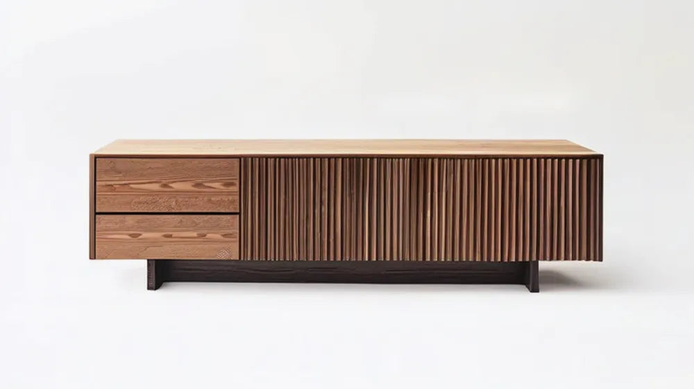 Brązowo-czarny mebel z forniru jesionowego, 2 szuflady i drzwi przesuwne, 180 × 45 × 75 cm