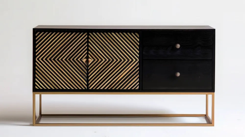 Czarny kredens ze złotą stalową podstawą i geometrycznymi frontami 150 x 40 x 90 cm